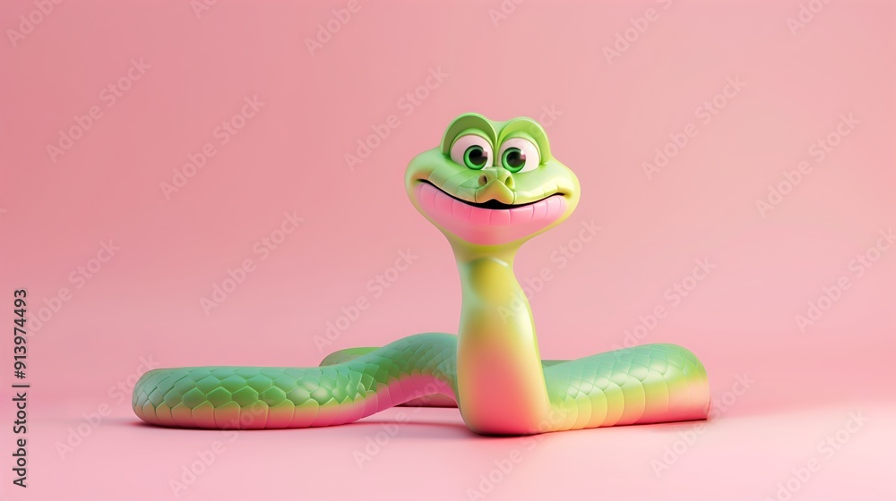 Fototapeta premium A Colorful Cartoon Snake With Big Eyes and a Friendly Smile on a Pink Background