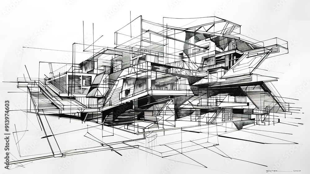 Obraz premium The Fascinating World of Abstract Architectural Drawings: A Blend of Creativity and Innovation. Showcasing Unconventional Designs and Inspiring Spatial Concepts.