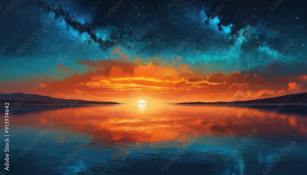 Fototapeta premium Spectacular Sunset Over Lake with Reflection