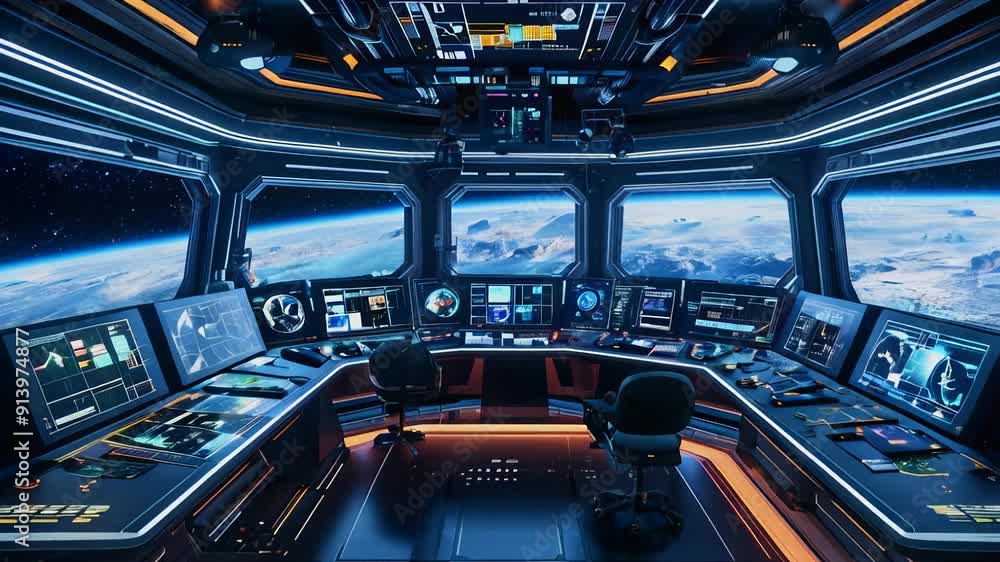 Step inside a high-tech control room featuring advanced technology and breathtaking views of Earth from space Step inside a high-tech control room featuring advanced technology and breathtaking views of Earth from space