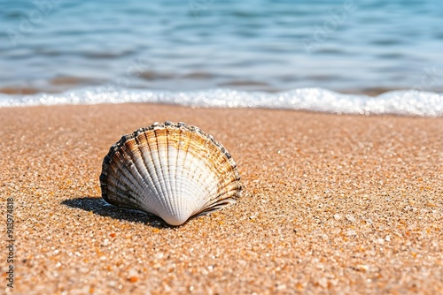 Scallop shell on the beach on sunny day