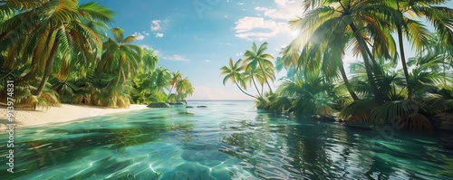 Oasis with crystal-clear water surrounded by lush palm trees, 4K hyperrealistic photo