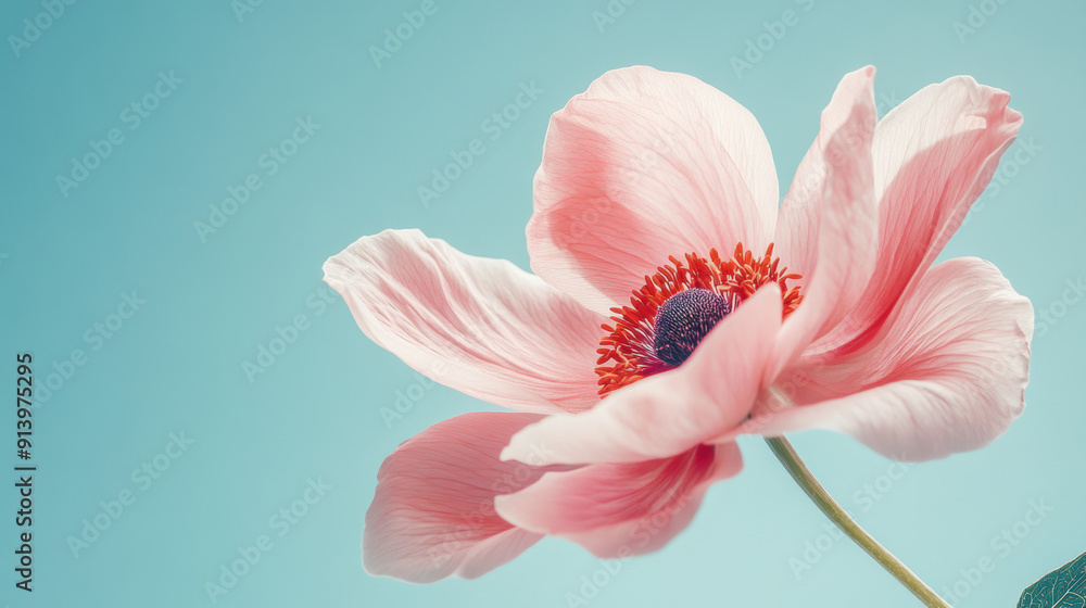 Delicate pink flower in bloom. Dancing petals on turquoise background. Delicate pink flower in bloom. Dancing petals on turquoise background.