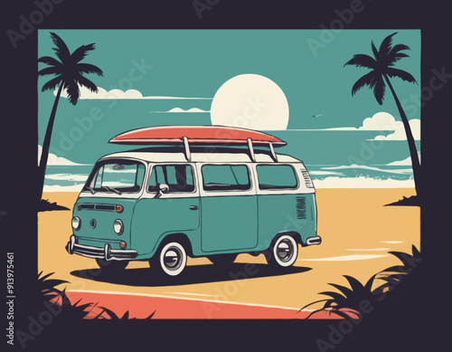Vintage summer surf poster with a mini van vector illustration