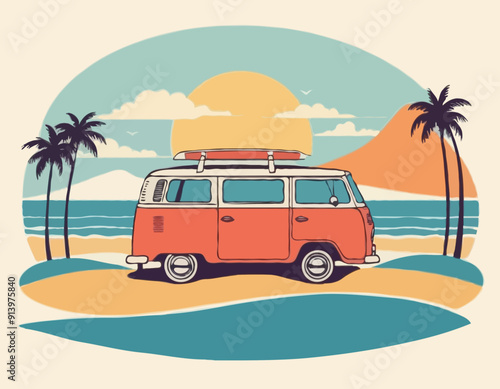 Vintage summer surf poster with a mini van vector illustration