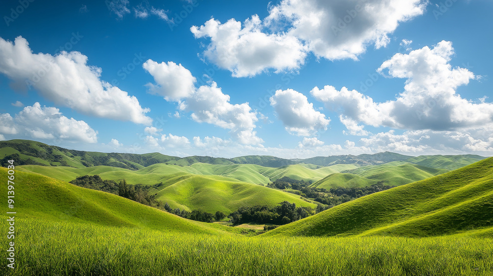 A lush green field slopes gently over rolling hills, while above, a clear blue sky dotted with fluffy white clouds completes the serene landscape. A lush green field slopes gently over rolling hills, while above, a clear blue sky dotted with fluffy white clouds completes the serene landscape.