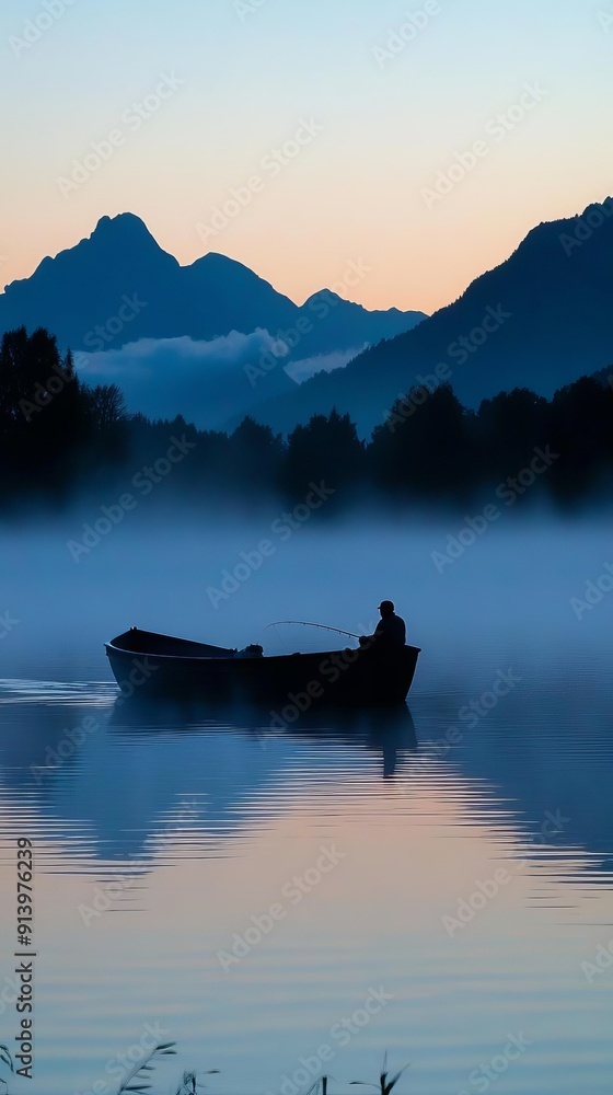 A serene lake at dawn with mist rising from the water, a lone fisherman in a boat, and mountains in the background A serene lake at dawn with mist rising from the water, a lone fisherman in a boat, and mountains in the background