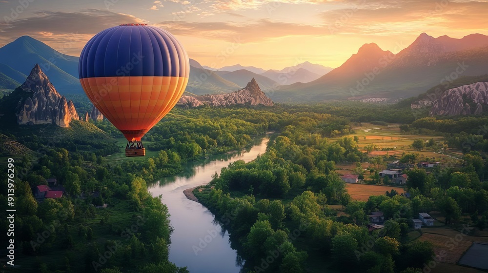 Fototapeta premium A tranquil scene of a hot air balloon floating over a picturesque landscape with mountains, forests, and rivers at sunrise