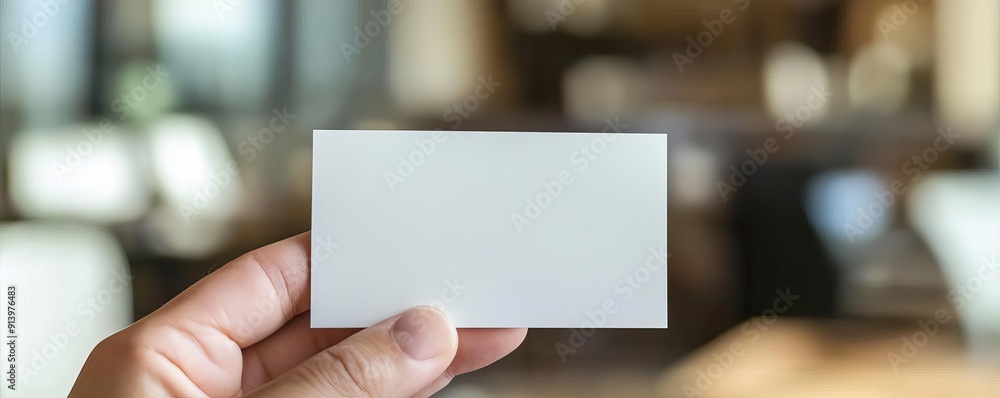 A closeup of a hand holding a blank business card, with a blurred office environment in the background A closeup of a hand holding a blank business card, with a blurred office environment in the background