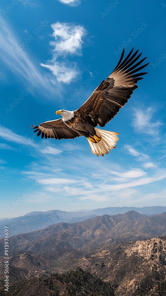 Fototapeta premium A majestic eagle soaring high above a mountainous landscape, with a clear blue sky and scattered clouds