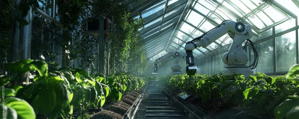 An AIcontrolled greenhouse with robotic arms tending to the plants, highlighting modern agriculture, Realism, Cool Tones An AIcontrolled greenhouse with robotic arms tending to the plants, highlighting modern agriculture, Realism, Cool Tones