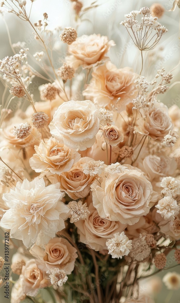 Elegant Beige Floral Bouquet with Delicate Roses and Dried Flowers Elegant Beige Floral Bouquet with Delicate Roses and Dried Flowers