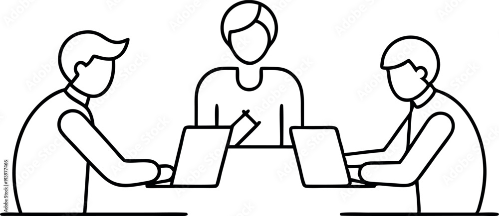 Outline Illustration of Business Meeting with Three People Outline Illustration of Business Meeting with Three People