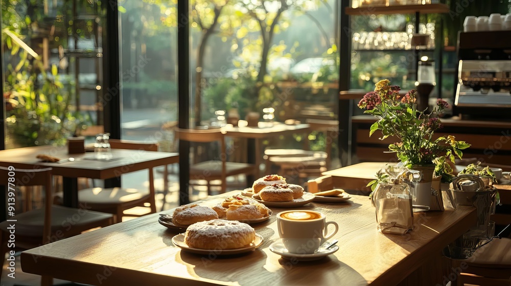 Fototapeta premium Cozy cafe interior with pastries and coffee on wooden tables, soft morning light