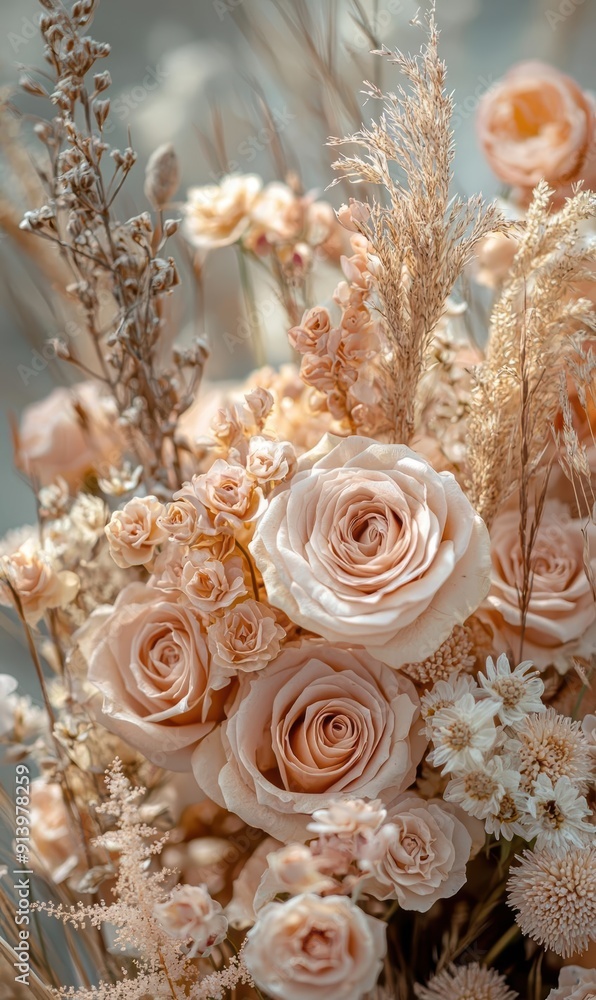 Elegant pastel floral arrangement with roses and dried foliage in soft tones Elegant pastel floral arrangement with roses and dried foliage in soft tones