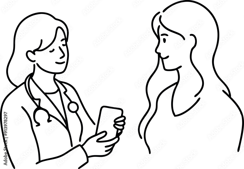 Doctor Giving Advice to Female Patient in Line Drawing Doctor Giving Advice to Female Patient in Line Drawing
