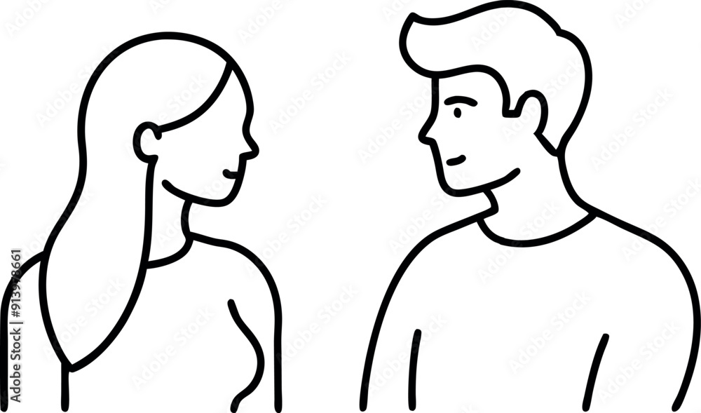 Line Art Illustration of Man and Woman Looking at Each Other