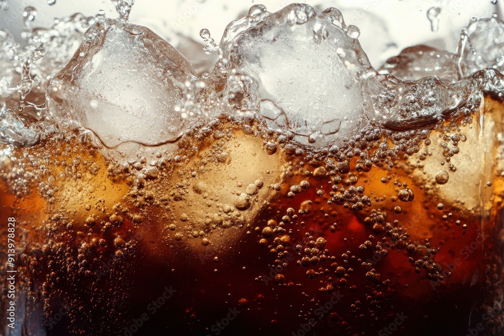 Pouring of Cola and Ice. Cola soda and ice splashing fizzing or floating up to top of surface. with generative ai Pouring of Cola and Ice. Cola soda and ice splashing fizzing or floating up to top of surface. with generative ai