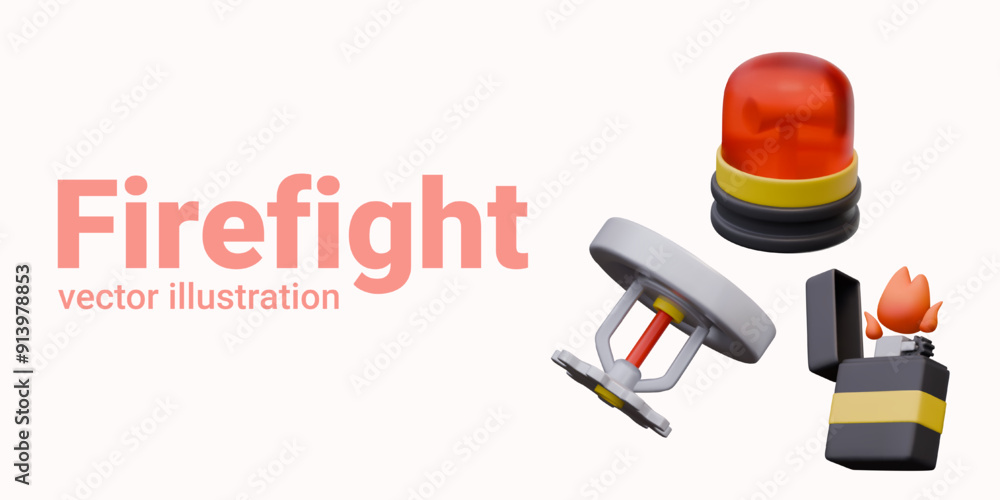 Realistic sprinkler, lighter with fire, red emergency lamp. Set of elements Realistic sprinkler, lighter with fire, red emergency lamp. Set of elements
