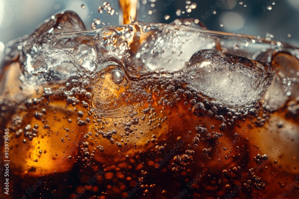 Pouring of Cola and Ice. Cola soda and ice splashing fizzing or floating up to top of surface. with generative ai Pouring of Cola and Ice. Cola soda and ice splashing fizzing or floating up to top of surface. with generative ai
