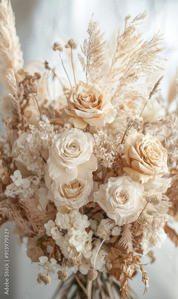 Elegant Beige and White Floral Bouquet with Roses and Dried Flowers Elegant Beige and White Floral Bouquet with Roses and Dried Flowers