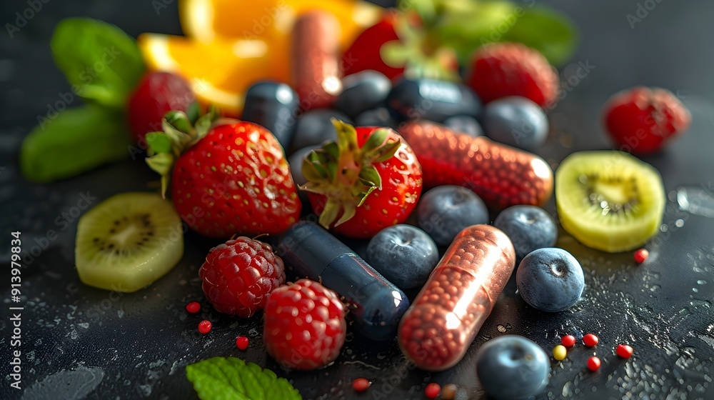 Vibrant Assortment of Natural Food Supplement Ingredients Showcasing Healthy Lifestyle Vibrant Assortment of Natural Food Supplement Ingredients Showcasing Healthy Lifestyle