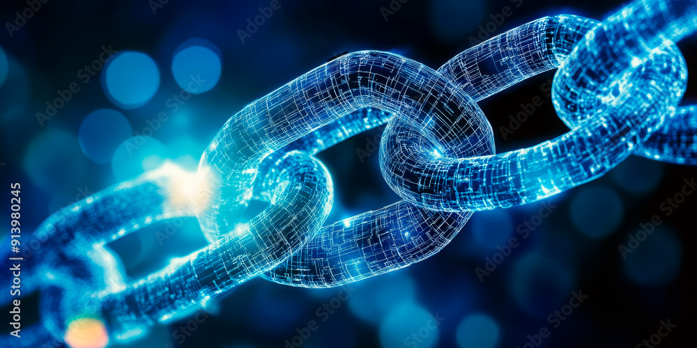 A detailed close-up of a glowing blue digital chain representing blockchain technology. The image captures the intricacy and connectivity of the blockchain network, highlighted with blue and orange A detailed close-up of a glowing blue digital chain representing blockchain technology. The image captures the intricacy and connectivity of the blockchain network, highlighted with blue and orange