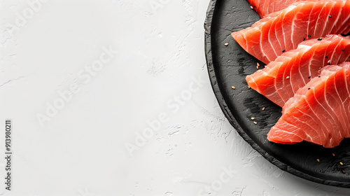 Artistic Top View of Tuna Slices on Plain White Background Perfect for Healthy Eating and Nutrition Content photo