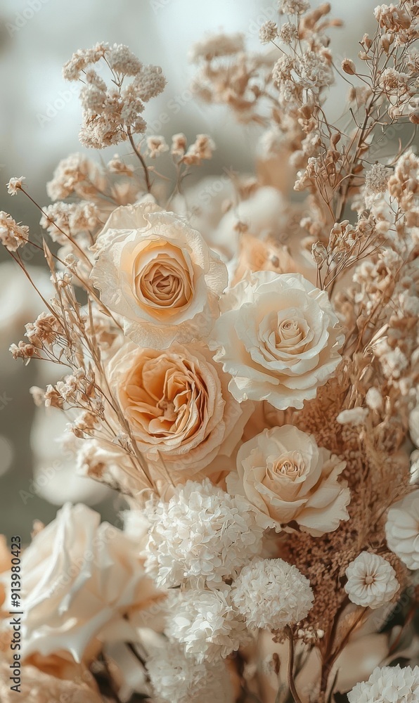 Close-up of Beige and White Floral Arrangement with Soft Light Close-up of Beige and White Floral Arrangement with Soft Light