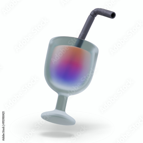 Rainbow cocktail in stemmed glass. Cold drink with straw. Served liquor in realistic style