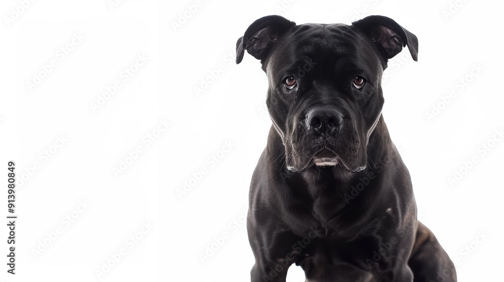 Confident black cane corso dog sitting on white background exudes strength and poise, making a loyal and protective friend. Image offers copy space for any message Confident black cane corso dog sitting on white background exudes strength and poise, making a loyal and protective friend. Image offers copy space for any message
