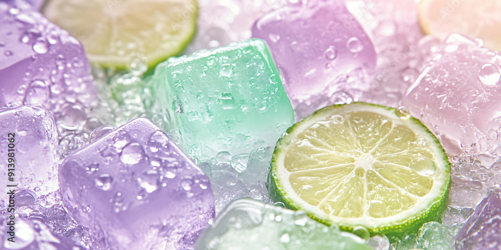 ice cubes with slices of lime