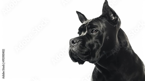 Powerful black cane corso dog with attentive expression posing on a white background in a photography studio