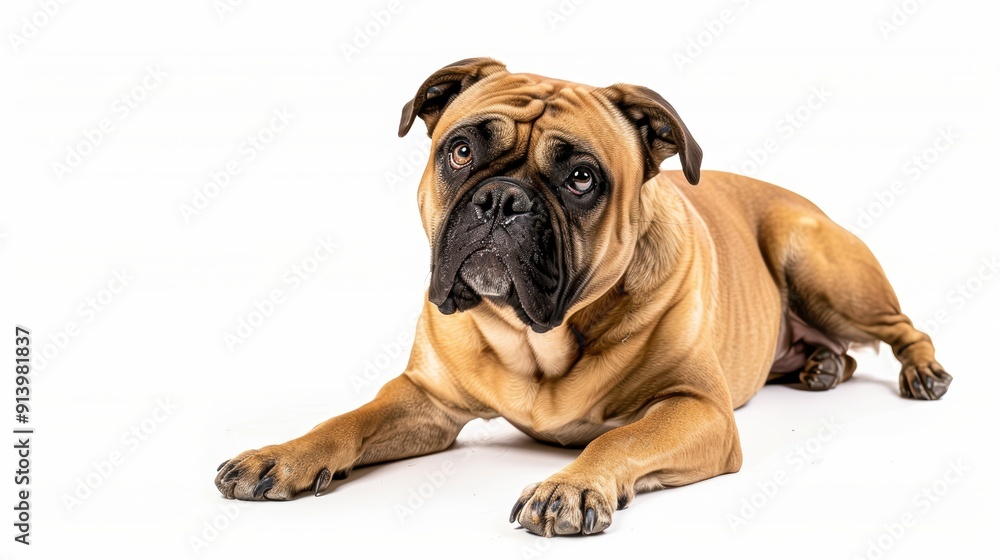 Serious-looking old english bulldog is lying down against a white backdrop Serious-looking old english bulldog is lying down against a white backdrop