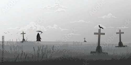 Angel of Death in graveyard in foggy day monochromatic minimalism landscape graphic illustration have blank space.