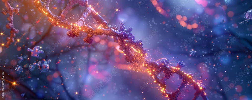 DNA replication process illustrated with glowing strands and enzymes, 4K hyperrealistic photo DNA replication process illustrated with glowing strands and enzymes, 4K hyperrealistic photo