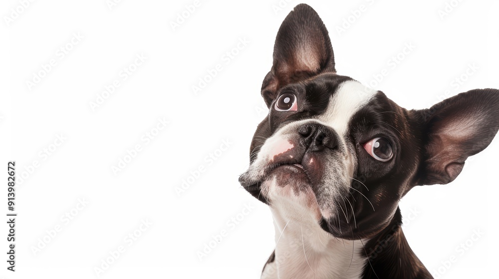 Adorable boston terrier dog tilting head and looking up with curiosity on a white background Adorable boston terrier dog tilting head and looking up with curiosity on a white background