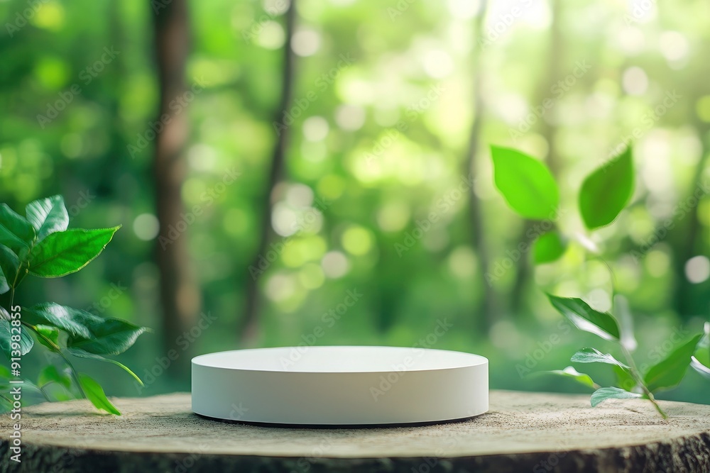 product podium in nature outdoors forest blurred green background. natural product placement, with generative ai product podium in nature outdoors forest blurred green background. natural product placement, with generative ai