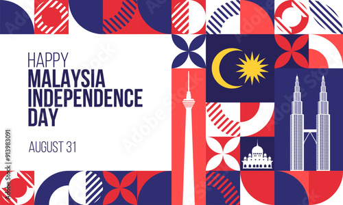 Happy Independence Day Malaysia Banner. August 31 Malaysian independence day or Merdeka day greeting card design. Modern pattern, poster template. Vector Illustration.