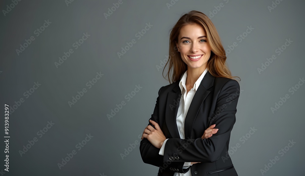 Happy young smiling confident professional business woman wearing blue shirt, pretty stylish female executive looking at camera, standing arms crossed isolated at gray background Happy young smiling confident professional business woman wearing blue shirt, pretty stylish female executive looking at camera, standing arms crossed isolated at gray background