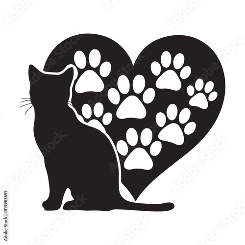 cat silhouette with heart and paw prints