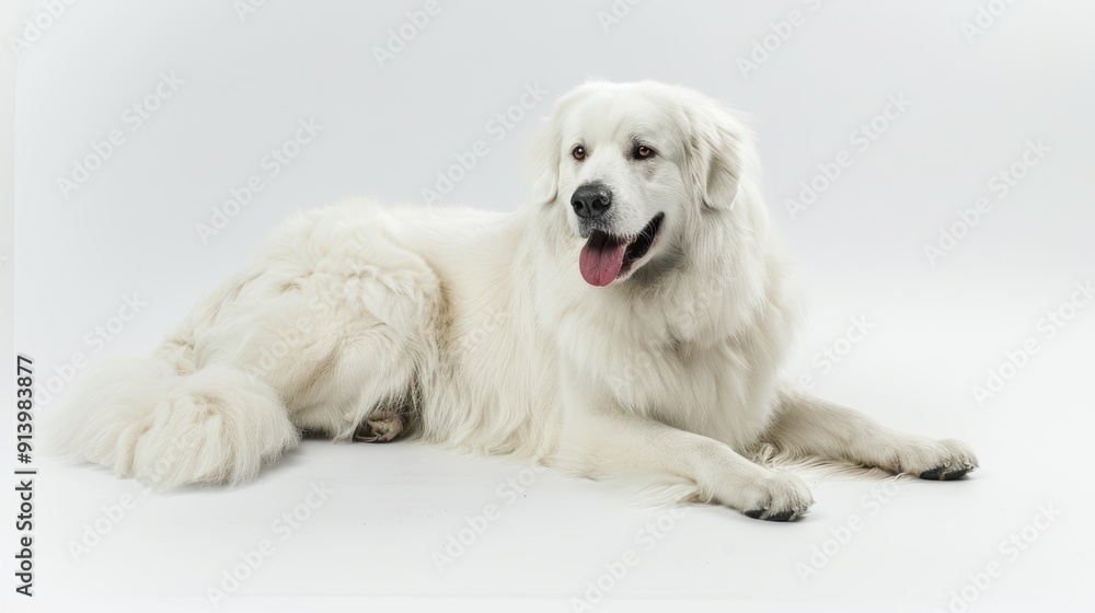 Lovely white shepherd dog is resting, glancing sideways with its tongue sticking out Lovely white shepherd dog is resting, glancing sideways with its tongue sticking out