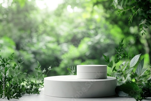 product podium in nature outdoors forest blurred green background. natural product placement, with generative ai