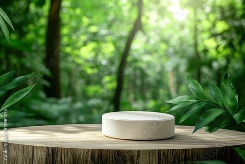 product podium in nature outdoors forest blurred green background. natural product placement, with generative ai