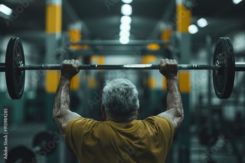 An older man lifts a heavy barbell in a well-equipped, brightly lit modern gym, showcasing strength and dedication amidst a setup designed for intense workout sessions.