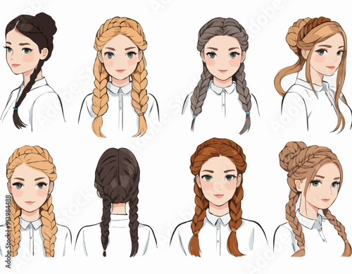 Hair braid. Long female fashion plait. Vector illustration of human hair in natural color. Cartoon art illustration with ribbon isolated on white background 
