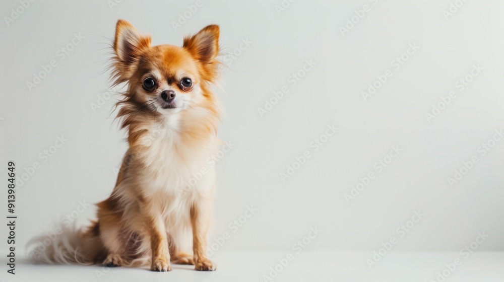 Alert and attentive small, long-haired chihuahua sits on a white background Alert and attentive small, long-haired chihuahua sits on a white background