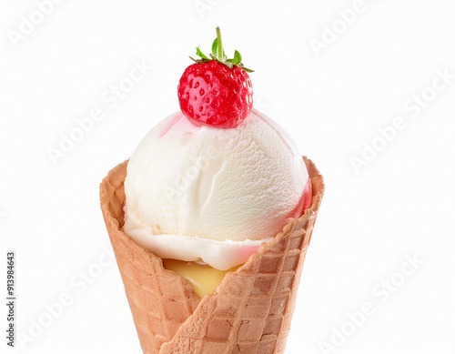   Strawberry ice cream waffle cone isolated on white background. ai generated photo