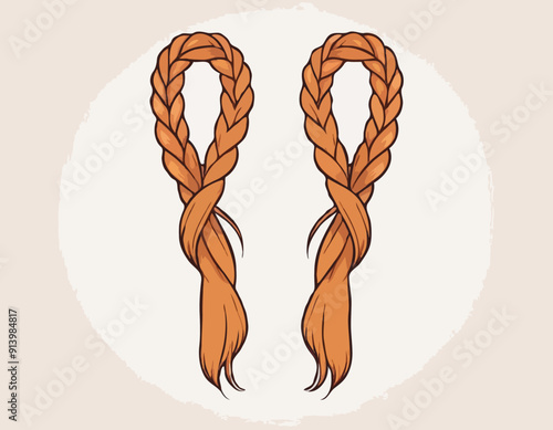 Hair braid. Long female fashion plait. Vector illustration of human hair in natural color. Cartoon art illustration with ribbon isolated on white background 
