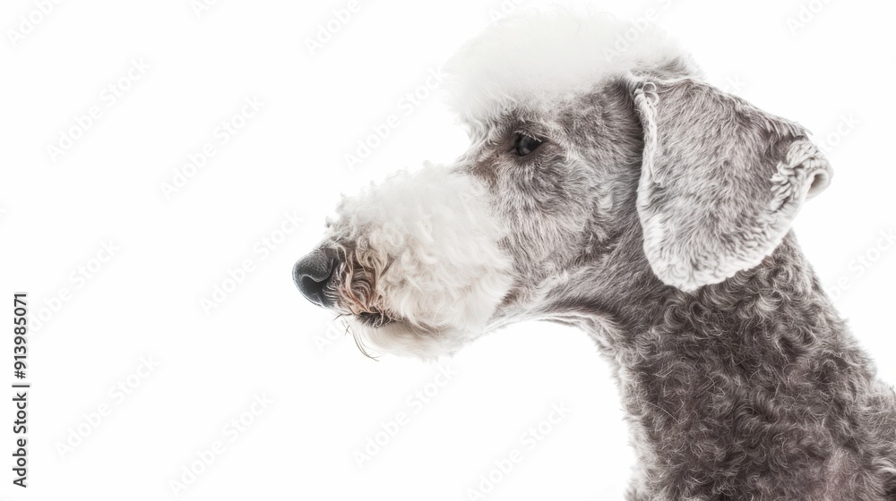 Bedlington terrier dog with a funny haircut is posing in profile on white background Bedlington terrier dog with a funny haircut is posing in profile on white background